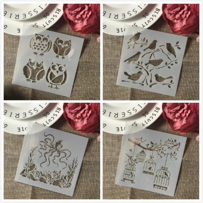 

4Pcs/Set 13cm Owl Bird Cage DIY Layering Stencils Wall Painting Scrapbook Coloring Embossing Album Decorative Card Template