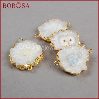 

BOROSA Gold Color Sun Flower Natural Quartz Connector Double Bail White Quartz Stone Connector Pendant Druzy Jewelry G0225