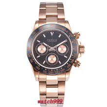 39 мм часы Parnis мужские часы Стальной браслет светящийся Сапфир кристалл розовое золото корпус Полный Хронограф Мужские кварцевые часы