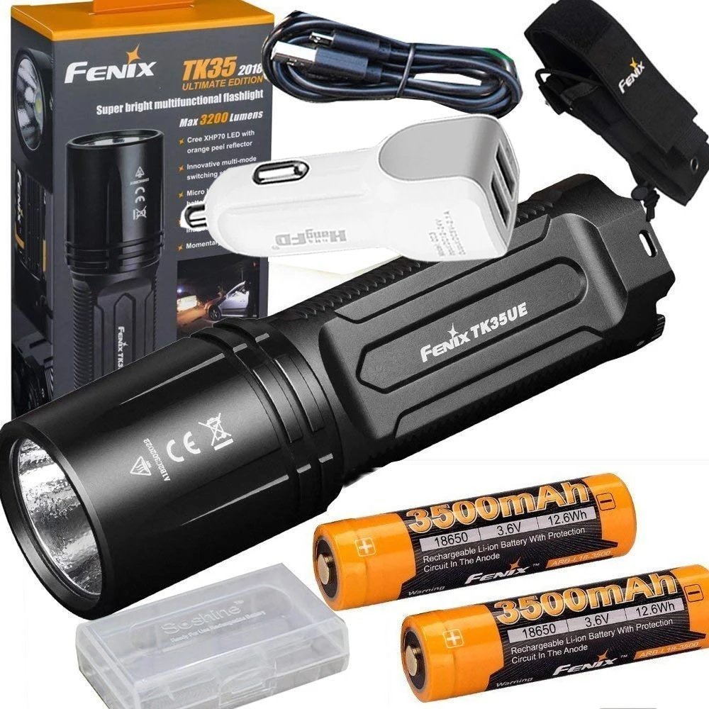 

FENIX TK35 UE 2018 3200 Lumen LED USB rechargeable Tactical Flashlight + 2 X 3500mAh battery,holster,car charger,battery case