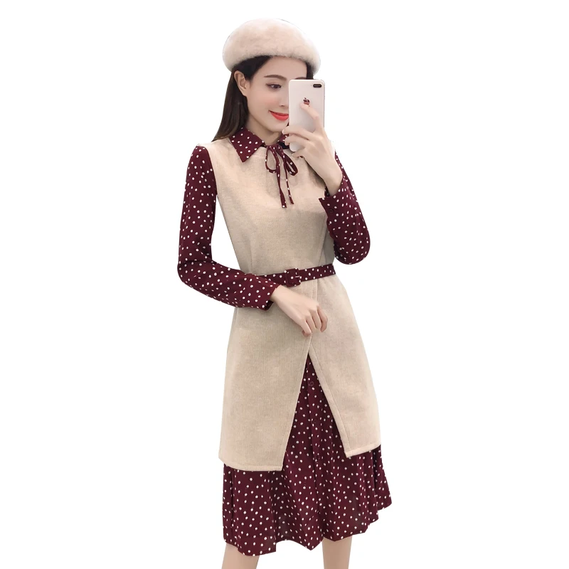 

2019 spring autumn Women knitwear vest with and midi Dot dress sweater temperament long sleeve vestidos 2 two-piece set women