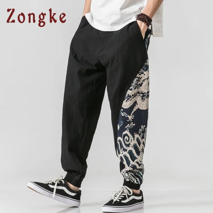 

Zongke Chinese Style Dragon Print Pants Men Japanese Streetwear Linen Pants Men Trousers Hip Hop Joggers Men Pants 2019 Spring