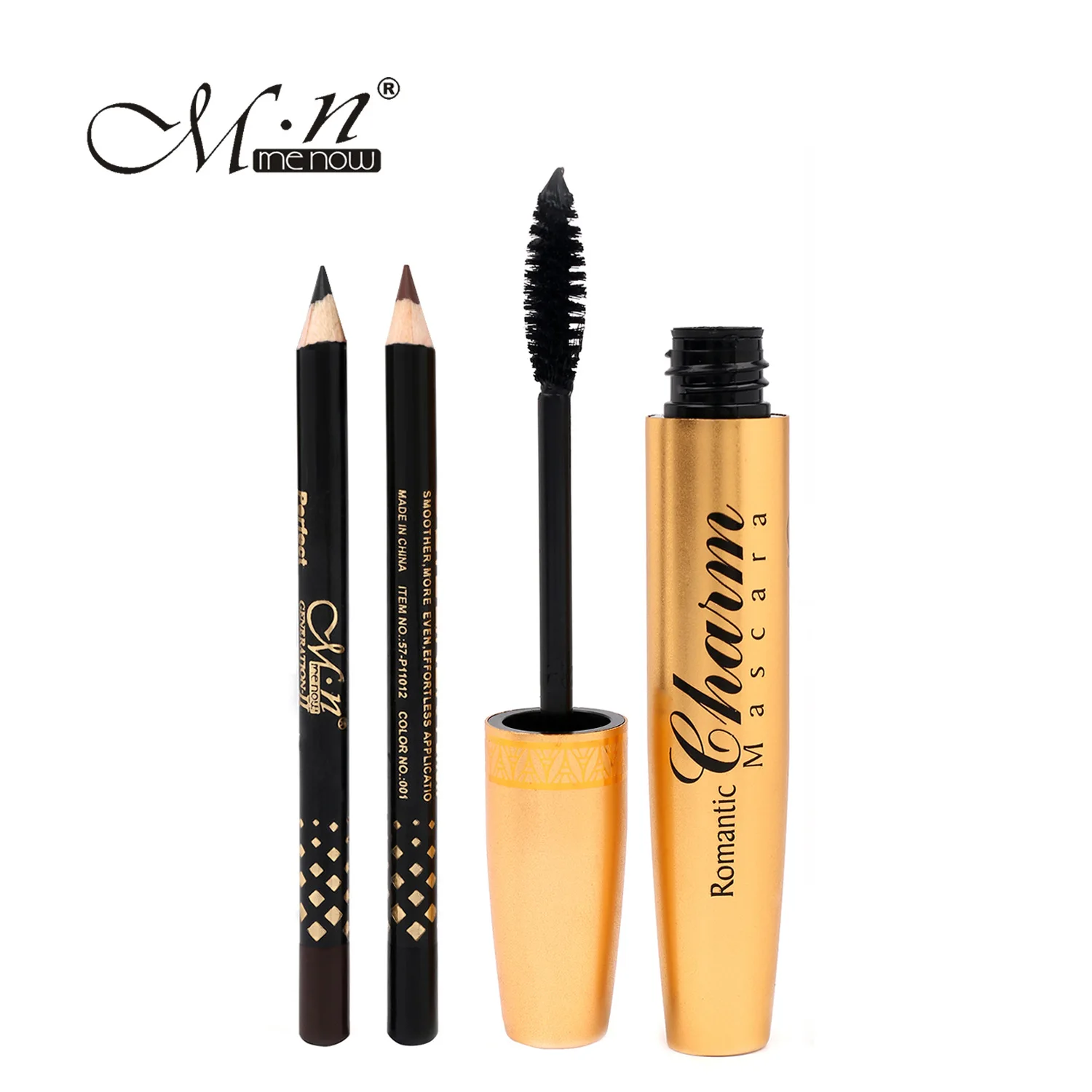 

Menow Brand Professional makeup Golden tubes thick mascara Set With Gift Two Pencil black / brown Color Eye Cosmetic M13002 MN