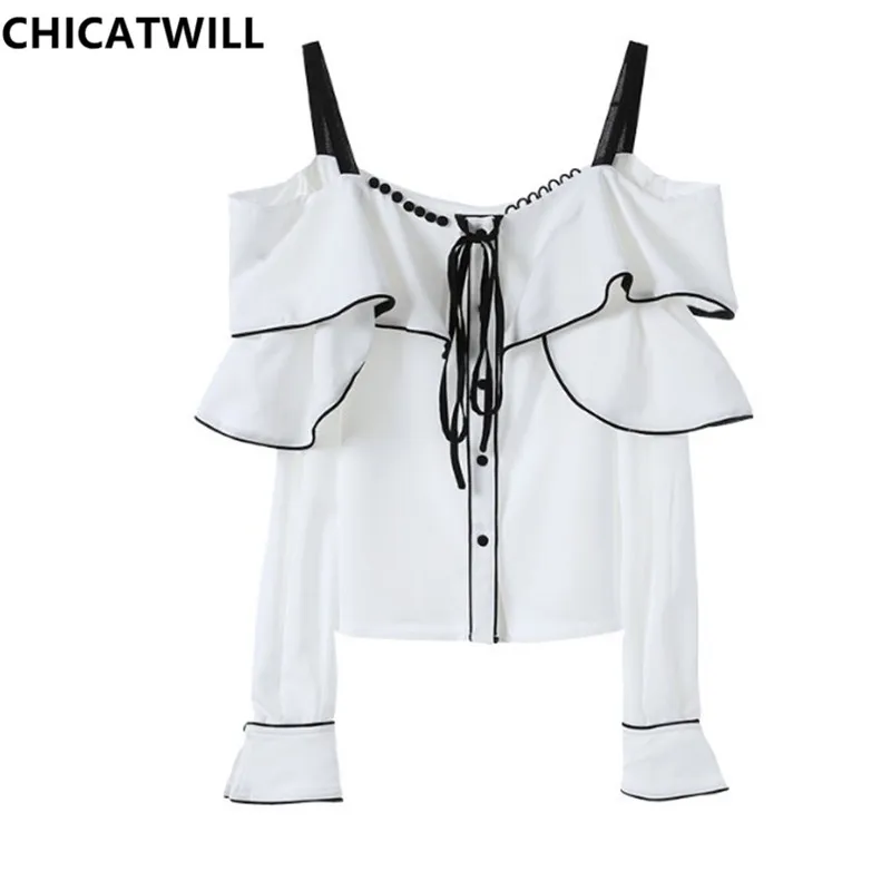 

CHICATWILL Summer Designer French style office lady white ruffles Blouses women elegant OL Tops bowtie Blusas
