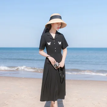 

2019 summer new popular dress Slim temperament fairy dress female retro short sleeve Mid-Length Party Dresses