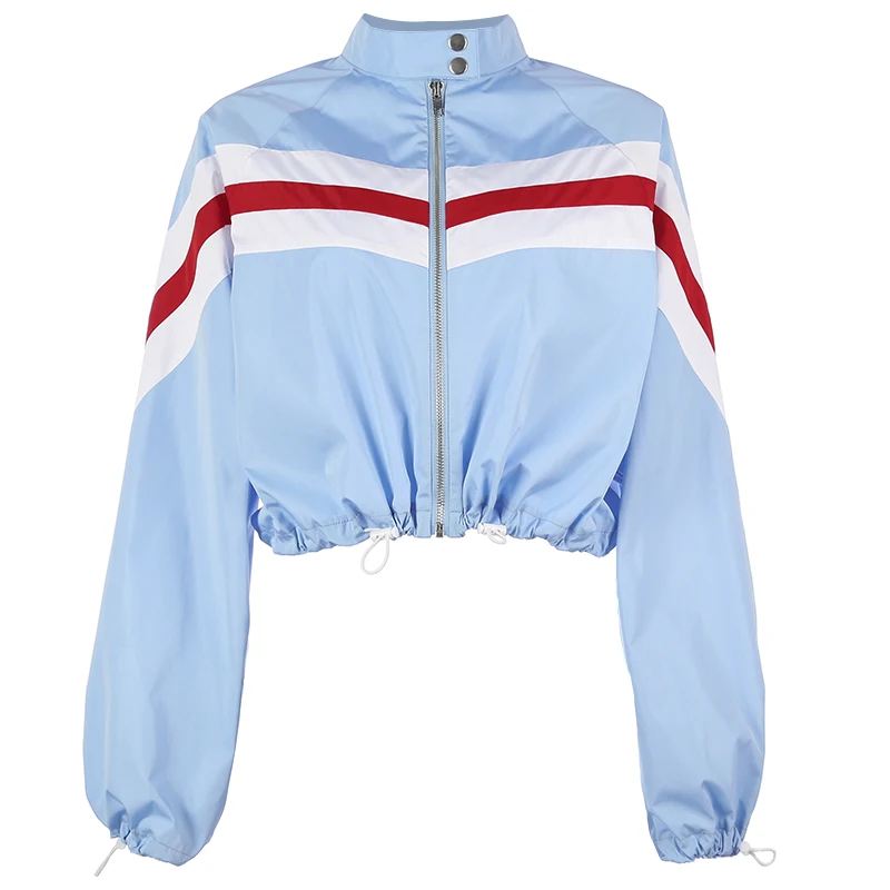 discounted  Rapwriter Panelled Strip Patchwork Bomber Women Jackets 2019 Spring Stand Collar Long Sleeve Drawst