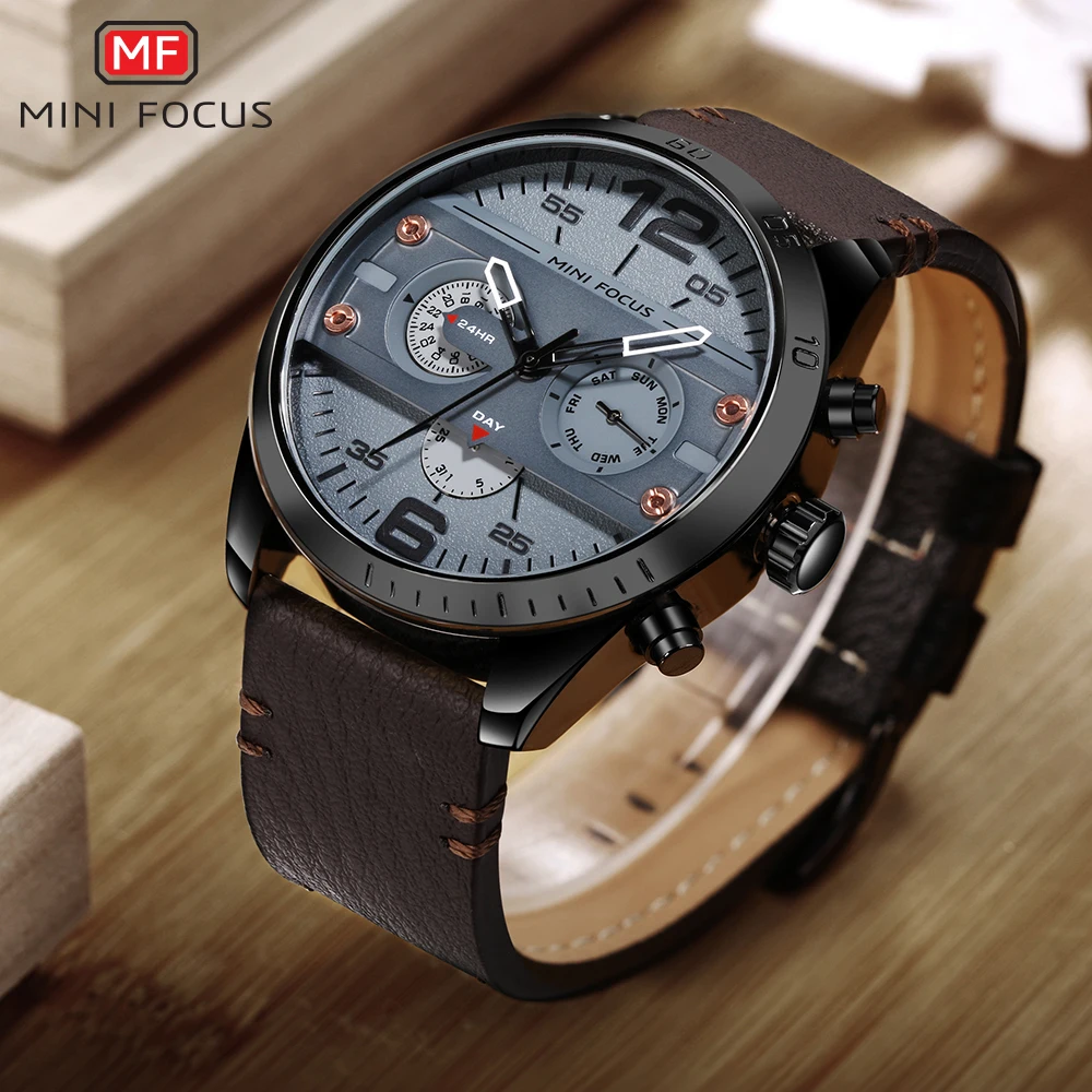 MINIFOCUS Sport Cool Watch Men Quartz Clock Genuine Chronograph 3 Dials