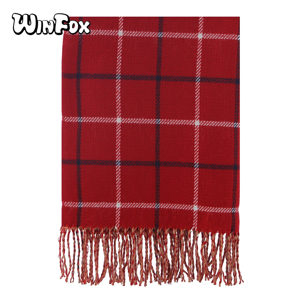 Winfox красный розовый зимний женский шерстяной Британский шотландский шарф в клеточку шаль для женщин длинные теплые вязаные кашемировые шарфы с кисточками