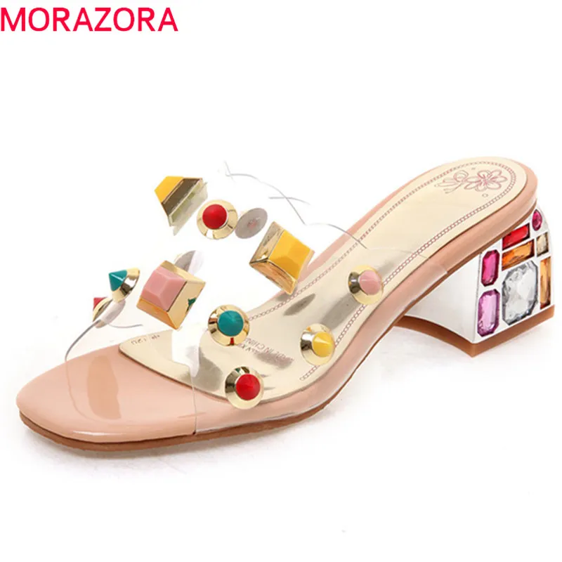 MORAZORA new fashion women sandals pvc rivet transparent summer sandals square heels party wedding shoes woman slipper
