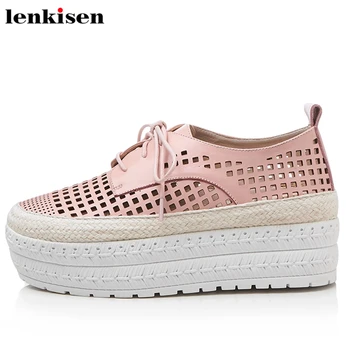 

Lenkisen pop handmade round toe lace up cow leather solid causal shoes thick med heels hollow party runway vulcanized shoes L99
