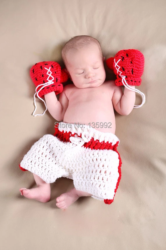 Baby Boxer Set,Crochet Newborn Photography Props,Handmade Baby Boxing Gloves Setin Clothing