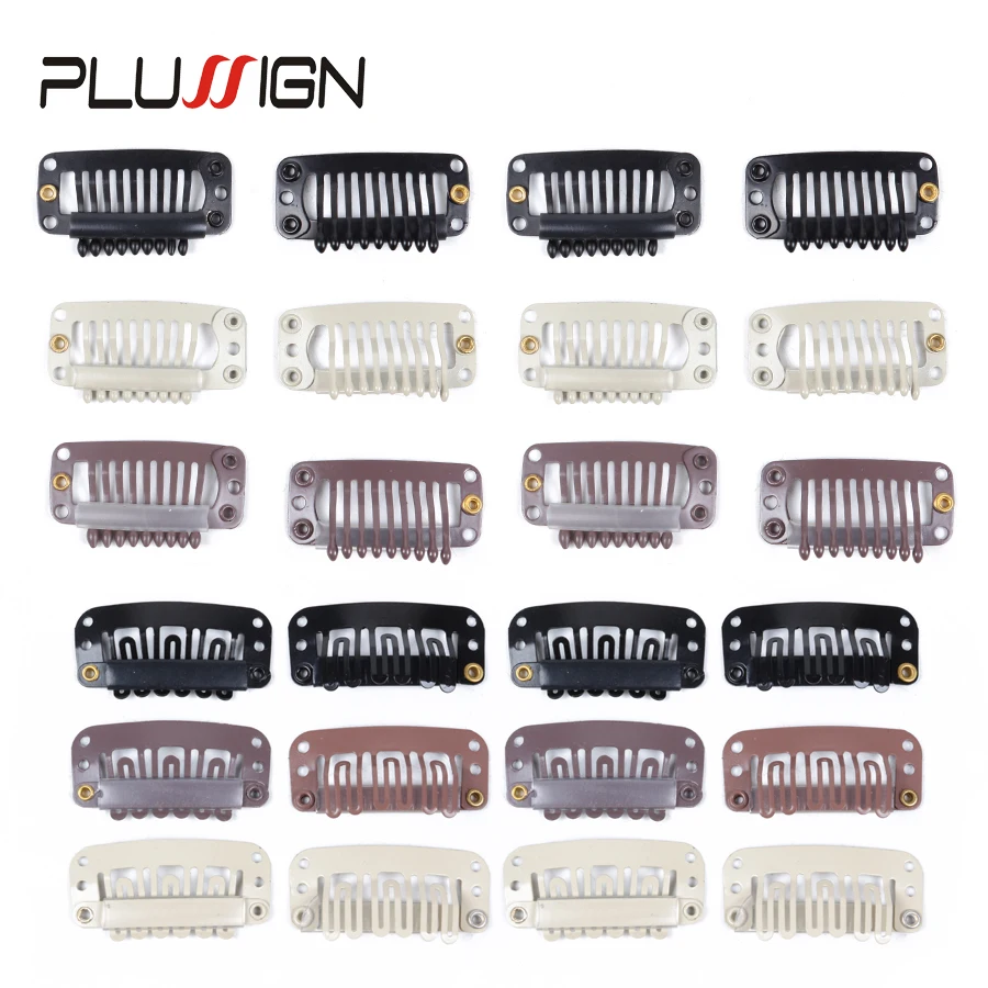 

20Pcs U Shape Metal Snap Clips Ins For Hair Extension Hairpiece Diy Snap-Comb Wig Clips With Rubber 9 Theeth 32Mm Big Wig Clip