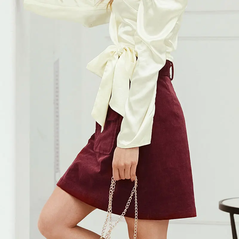 NLW Вельветовая юбка с высокой талией, женская короткая юбка с поясом и карманами, Осень-зима, модная мини-юбка трапециевидной формы для женщин, Faldas Mujer
