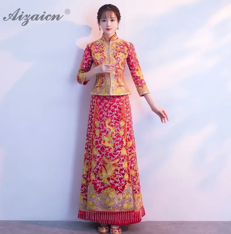 Мода дракон феникс длинный Cheongsam Современная невеста свадебное платье Qi Pao женское китайское свадебное платье Qipao восточные красные тонкие