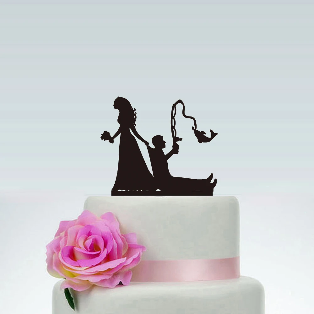 Funny Wedding Cake Topper Fishing Style Bride & Groom  Mr & Mrs Cake Toppers with commemorate  acrylic cake Toppers