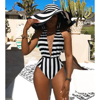 

Sexy Striped Deep V Sleeveless Women's Bikini Bodysuits Swimwear