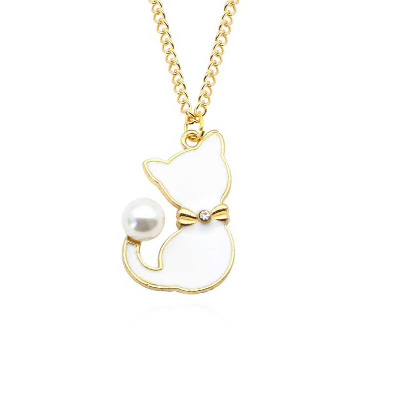 Мода эмаль кошки жемчужина хвост Ожерелья и подвески милые животные колье Цепочки и ожерелья для Для женщин подарки изделия Colar дропшиппинг - Окраска металла: White