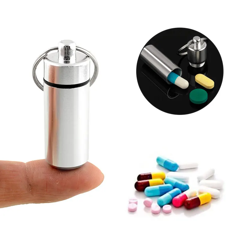 

WaterProof Mini Silver Aluminum Keychain Pill Tablet Storage Box Case