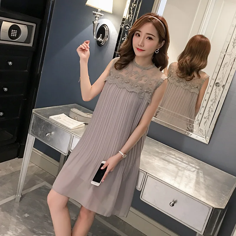 

Summer Sleeveless Maternity Dress New Vestido Round Neck Pregnancy Lace Stitching Chiffon Pleated Pregnant Dress Elegant