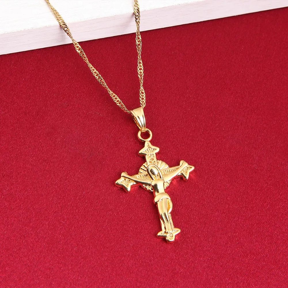 

Jesus Head Cross Necklaces Gold Color 22K Charm Pendant For Women Men Christian Jewelry Factory Wholesale Jewel Crucifix God