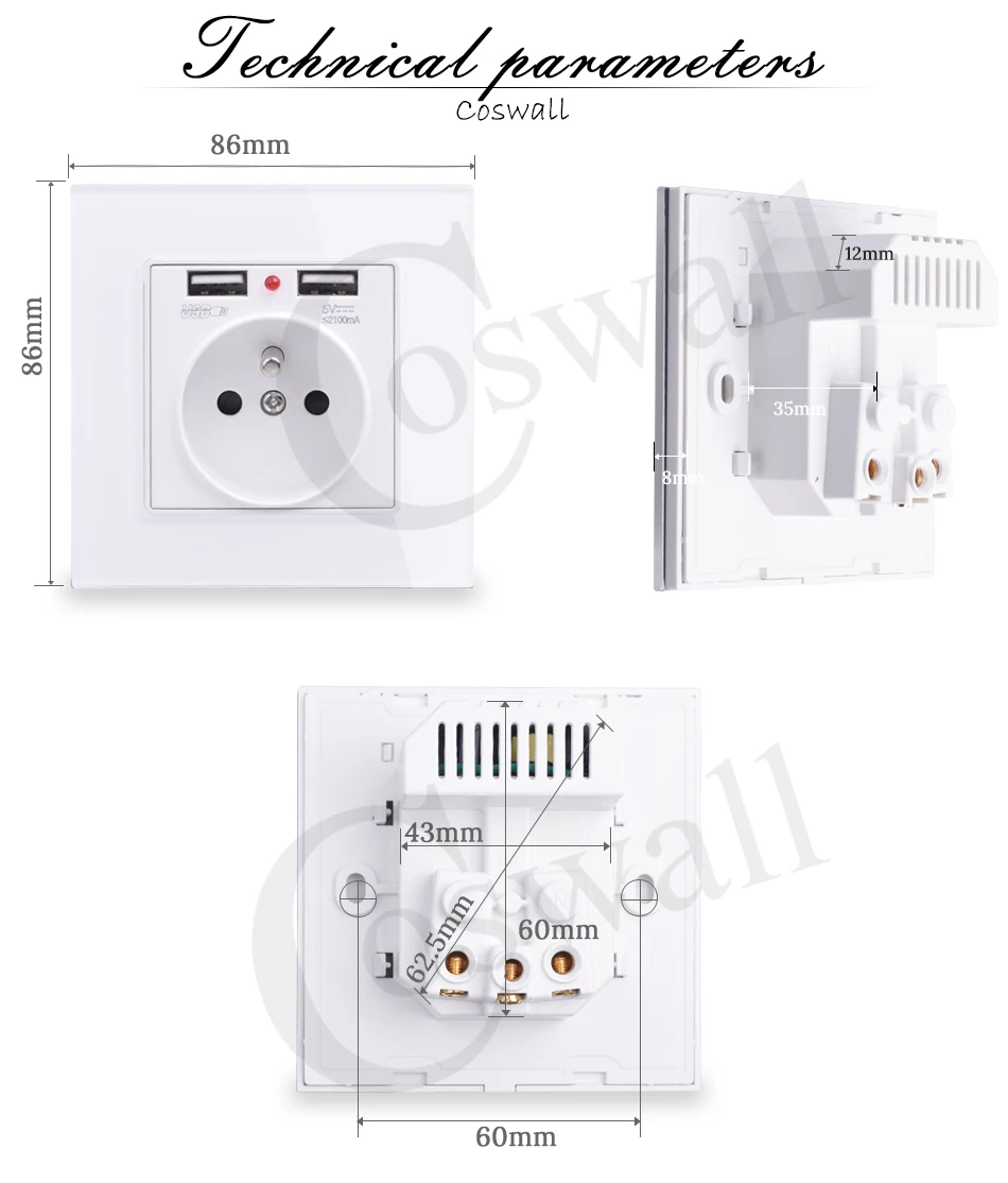 Coswall, двойной usb порт для зарядки, 5 В, 2.1A, светодиодный индикатор, 16A, настенная, французская розетка, ПК Панель, серый, черный, белый, золотой, 4 цвета