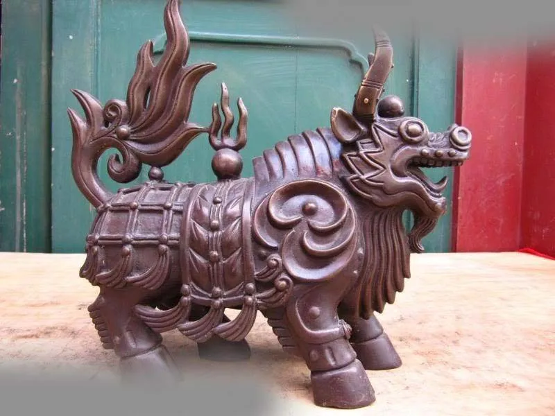 

11 Chinese Folk Pure Copper Bronze Carved Bull OX Kirin Kylin God beast Statue