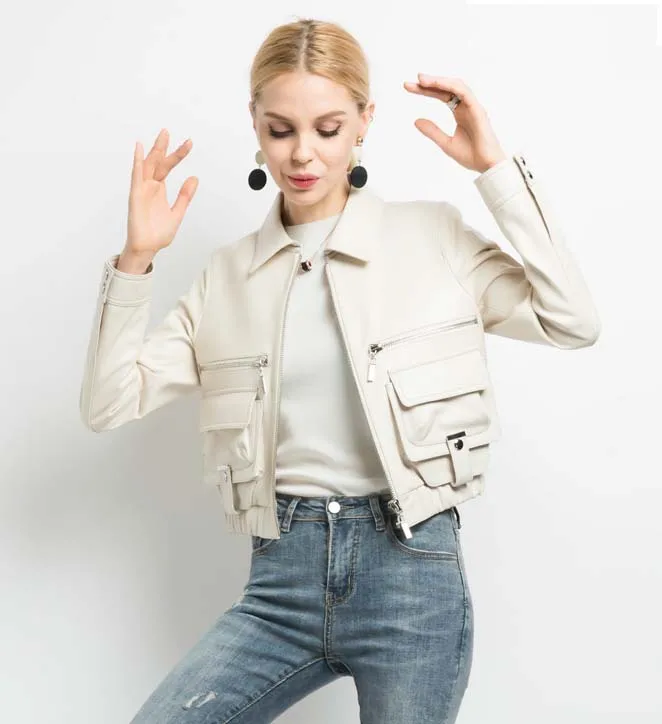 

2019 new spring autumn fall fashion women's genuine sheepskin lambskin leather coat lady short motorcycle jacket white black xxl