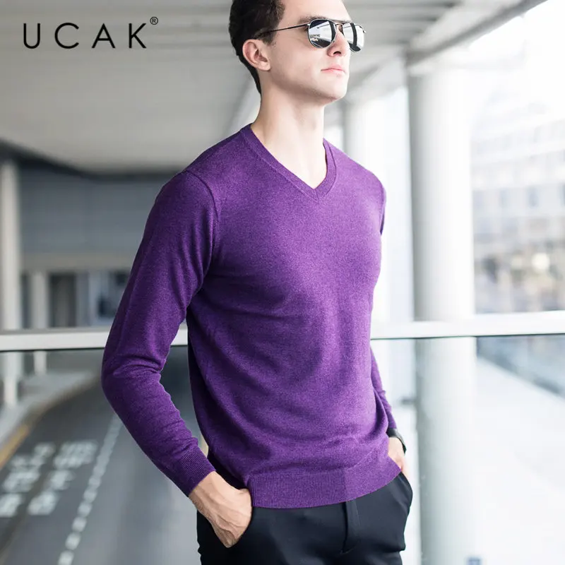 UCAK Brand Sweater Men Classic Casual V-Neck Pull Homme Pure Merino Wool Pullover Men Autumn Winter Soft Cashmere Sweaters U3005 - Color: Purple