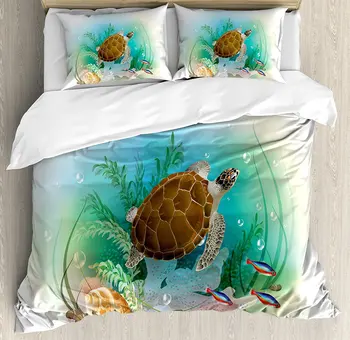 

Decor Duvet Cover Set Sea Turtle Swims in the Ocean Tropical Underwater World Aquarium Illustration Print 4 Piece Bedding Set