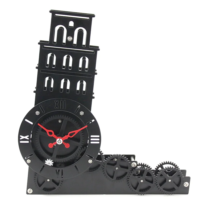 Home Decoration Leaning Tower of Pisa Moving Gear Desk Clock Table
