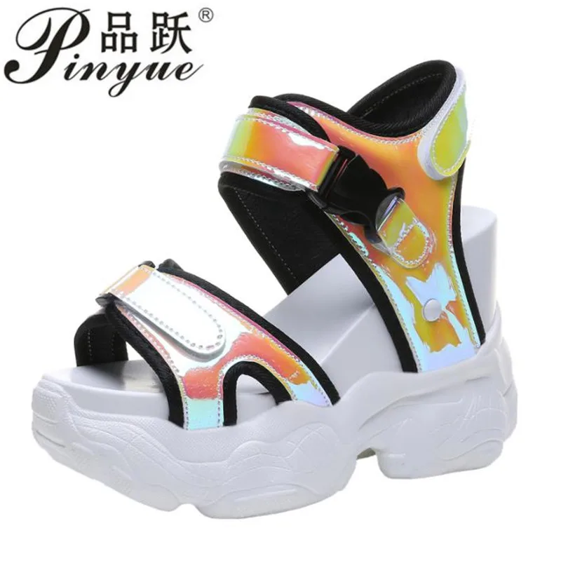 

ummer Fashion Women's Sandals 11.5 CM Heels Wedge Platform Shoes Bling Leather High Heels Sandals For Women Gladiator Sneakers