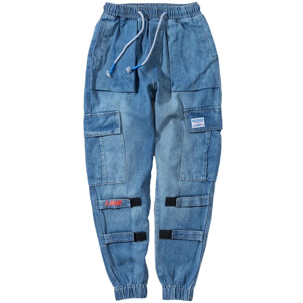 Men Vintage Fashion Patchwork Denim Pant Streetwear Hip Hop Cargo Pant Male Jeans Harem Trousers Blue 5