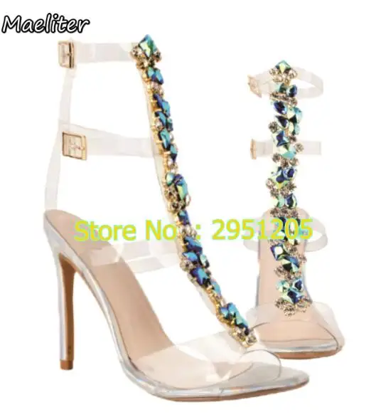 

Latest Design Rhinestone PVC Transparent Stiletto Heels Sandals Shoes Crystal Ankle Wrap Lady High Heels Shoes Sexy Dance Shoes