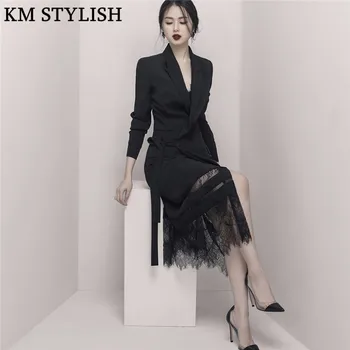 

2019 New Spring Women Temperament OL Work Mid-Calf Dresses Long Sleeve Waist Belted Lace Panel Black Notched Collar Midi Dress