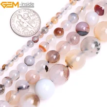 Gem-внутри 4-12 мм 15 ''естественный круглый серый дендритных Агат бусы для изготовления ювелирных изделий Бусы Брелок браслеты для Для женщин DIY бусы