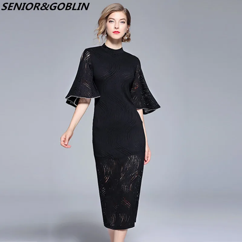

New 2019 Summer Designer Runway Long Dress Women Elegant Beading Flare Sleeve Black Slim Pencil Dress Autumn Casual Vestido