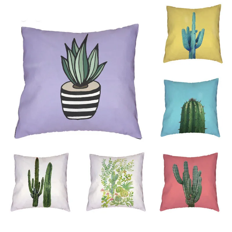 

Cute Plant Pattern Cushion Cover Polyester Peach Skin Cute Grass Green Leaf Tree Cactus Simple Warm Style Pillow Home Decoration