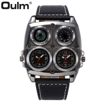 

OULM Military Sport Quartz Watch Men Black Leather Strap 2 Time Zone 4 Sub-dials Display Oversize Unique Design Wrist Watches