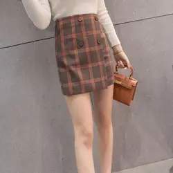 Летний стиль прямой плед мини юбка для женщин Высокая талия Винтаж элегантный тонкий осень хлопок повседневное юбки с пуговицами