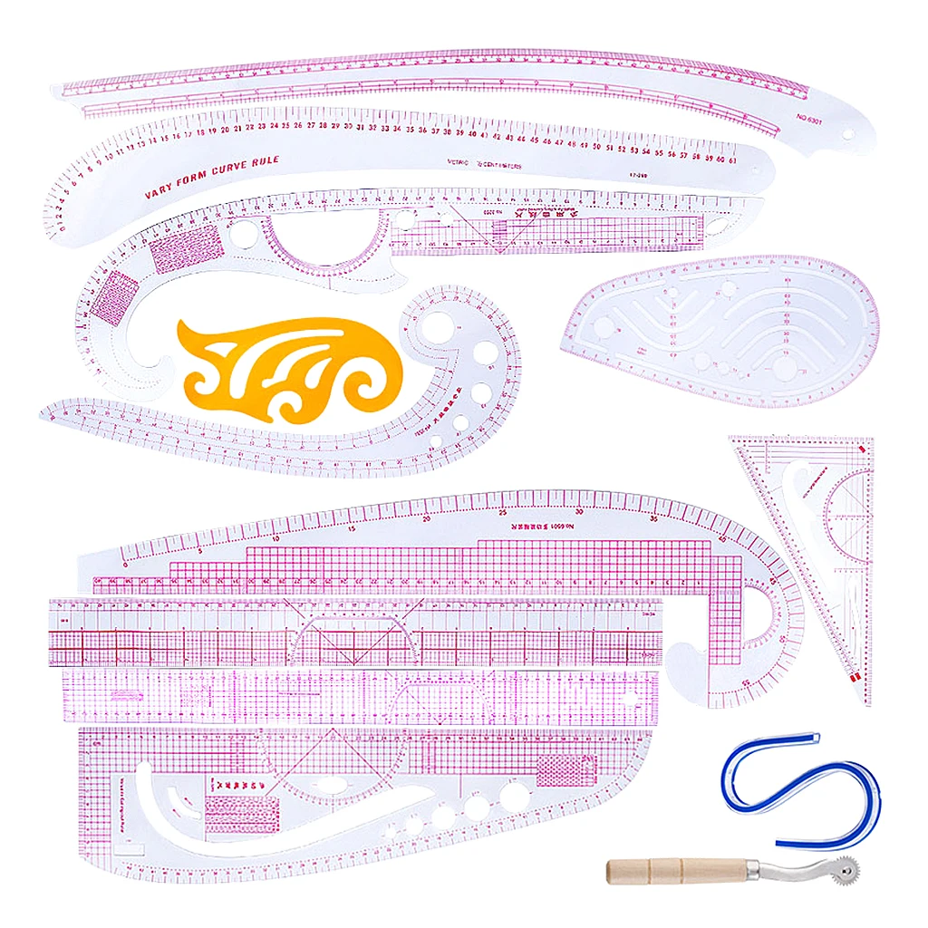 13 Pieces Multi-Style Design Drawing Comma Line Straight French Curve Ruler Set Clothing Design Rulers for Drawing Cutting Plate
