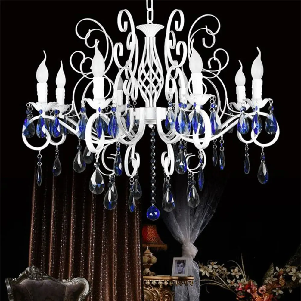 

Modern White wrought iron chandelier lights Blue crystal decoration chandeliers lamps fixtures pendant chain luminaria lustre