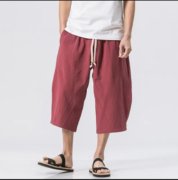 Men's Linen  trouser Fashion Men's Elastic Waist Wide Leg Cotton Harem Baggy mens Pants Patchwork Linen Capri Trousers pant men