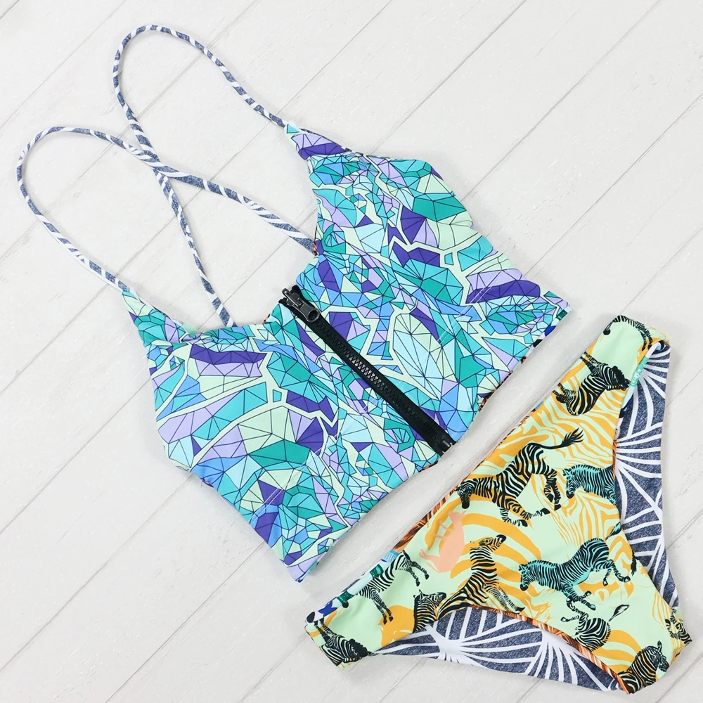 Женский купальник с принтом ананасов треугольный бандо на молнии спереди