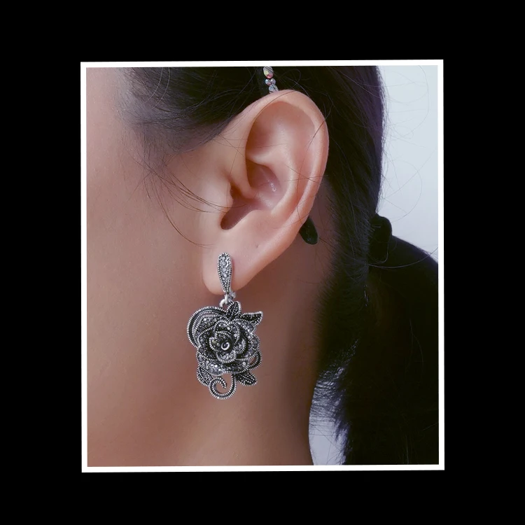 Sellsets Antique Jewelry Women Earring Vintage Flower Drop Earrings With Full Black Crystal Rhinestone For Lady Girl Party Gifts
