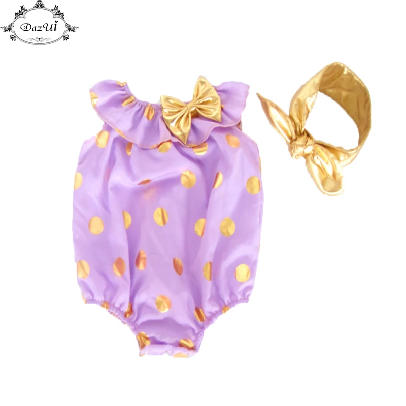 Mettalic Baby Girls Clothes Gold Polka Dots Ruffle Girls Bodysuit Set