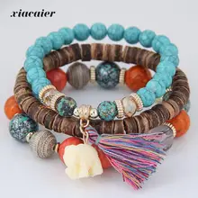 Xiacaier Wooden Beads Bracelets For Women Bohemia Elephant Tassel Charm Bracelets & Bangles Set Boho Vintage Jewelry Femme 2017