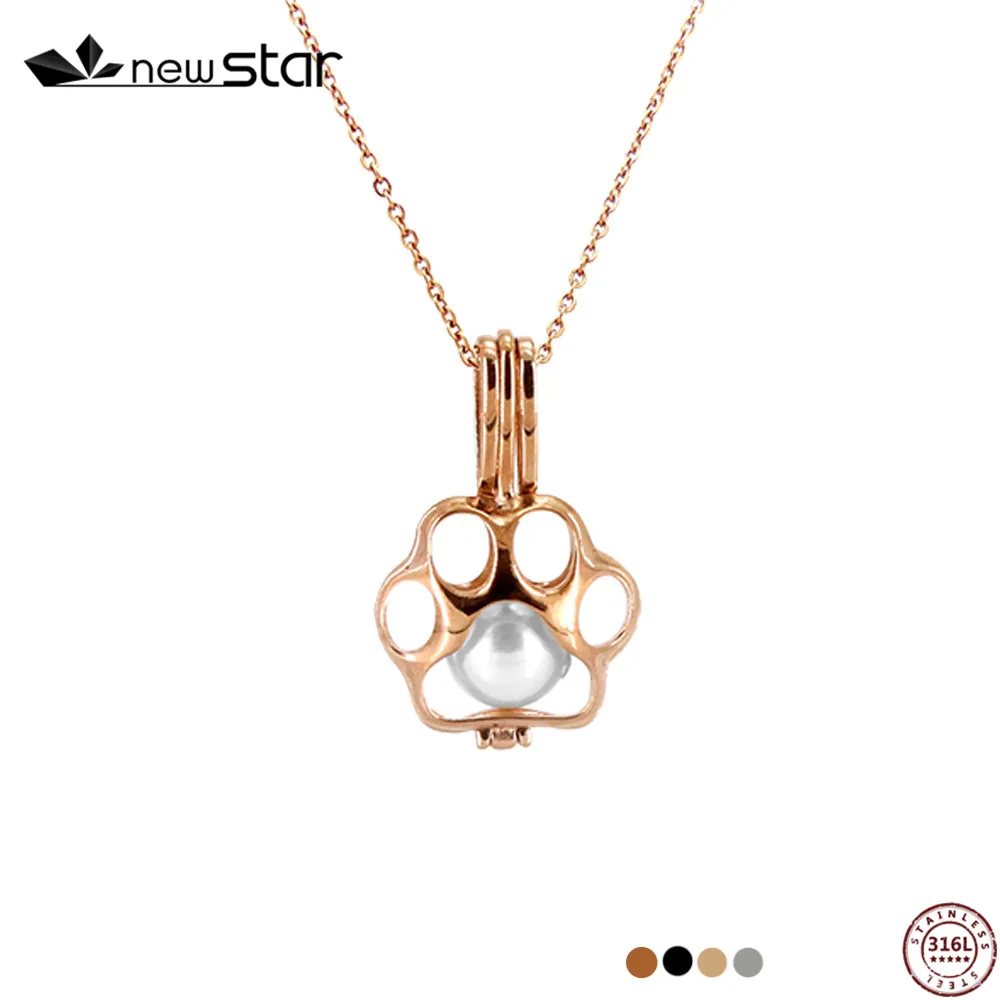 

Paw Print Oyster Pearl Cage Pendant Stainless Steel Women Rolo Chain Silver /Gold / Rose Gold /Black Cute Paw Necklace