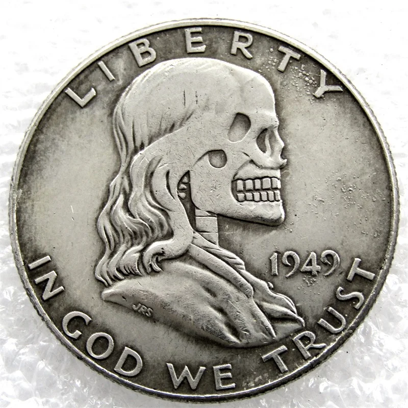

Type:FK(02)Hobo Creative 1949 Franklin Silver Half Dollar skull zombie skeleton hand carved Copy Coins