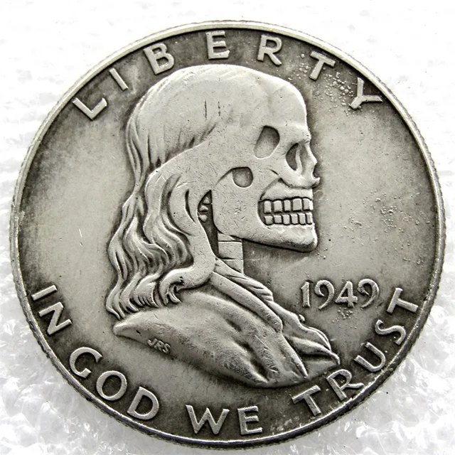 Best Offers Type:FK(02)Hobo Creative 1949 Franklin Silver Half Dollar skull zombie skeleton hand carved Copy Coins