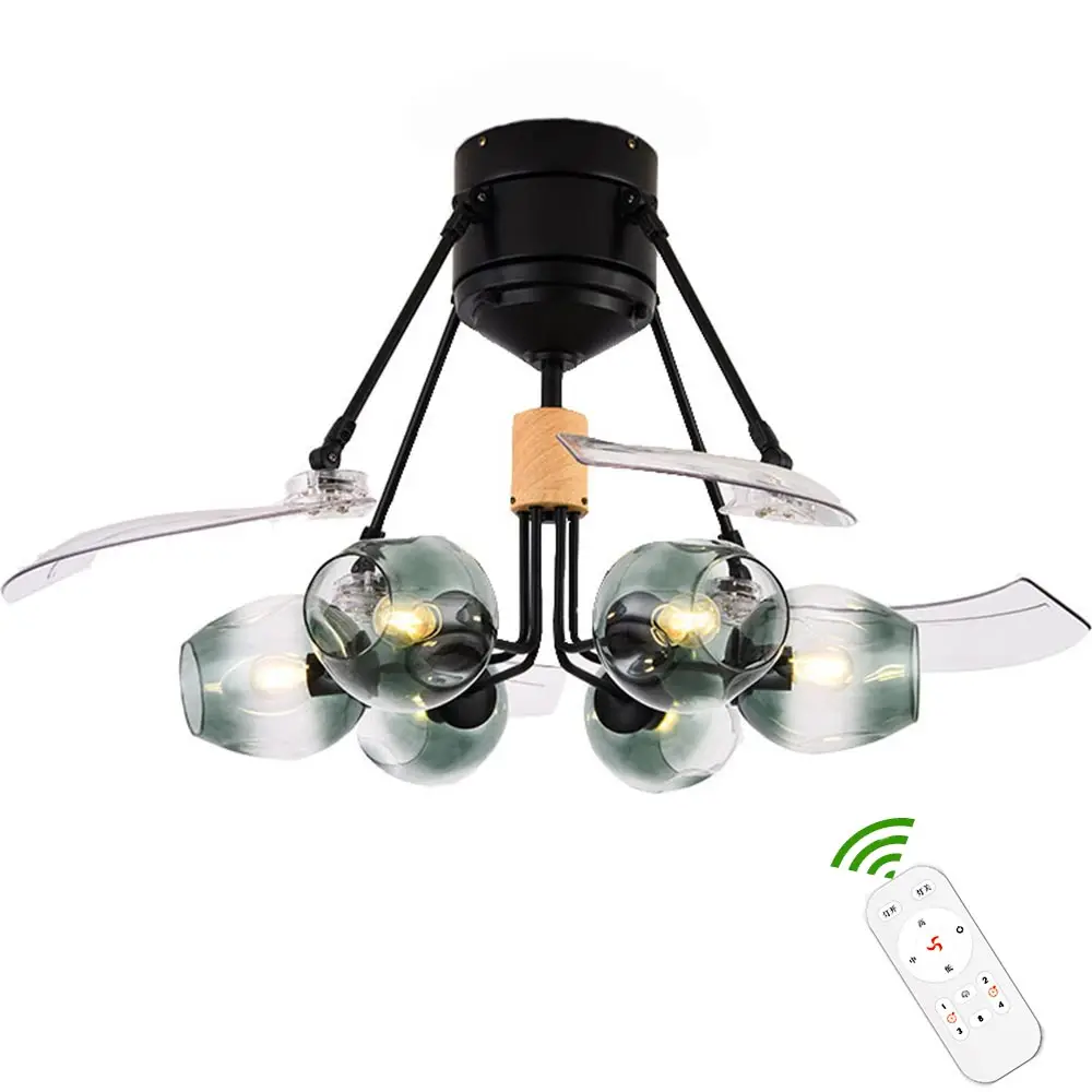 Led Modern Ceiling Fan Lamp Devil Glass Lampshade Pendant Remote